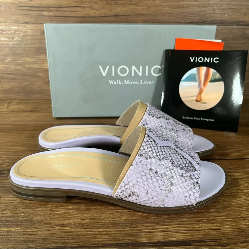 VIONIC Demi Purple Leather Slides Sandals Slip-On Shoes Snakeskin Women’s NEW‎